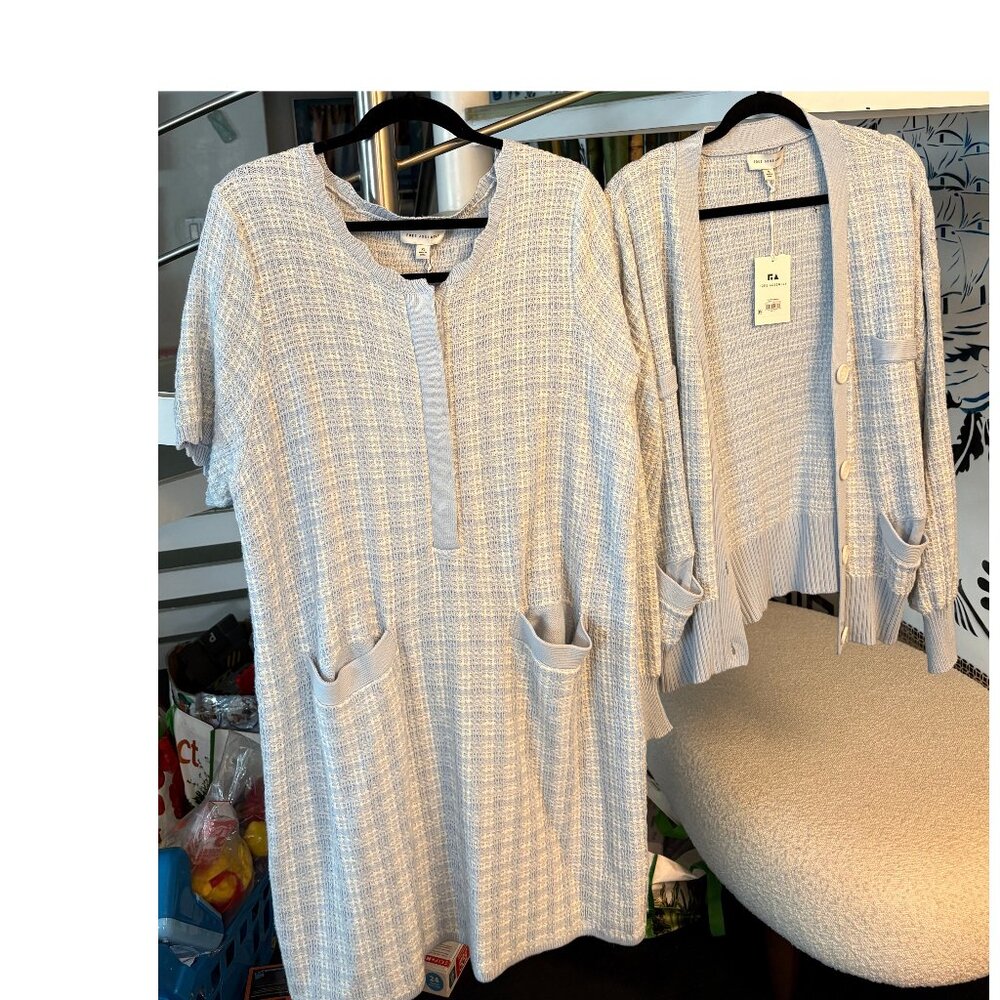 FREE ASSEMBLY Cotton Knit Dress AND Cardigan XL Blue Tweed Robins Egg NEW W/TAGS